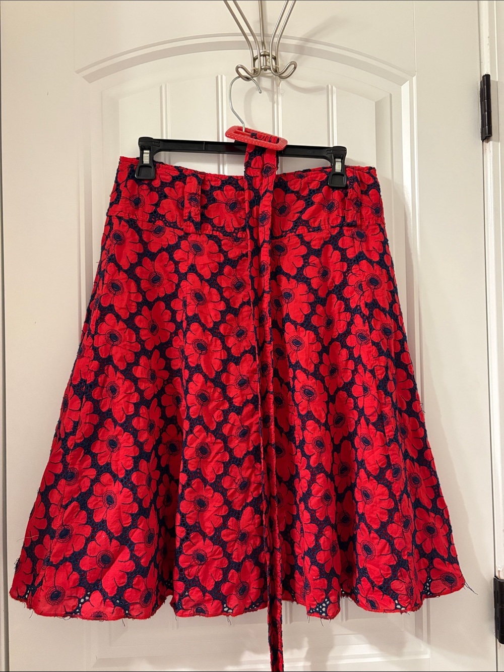 Red Floral A-Line Skirt with Navy Details
